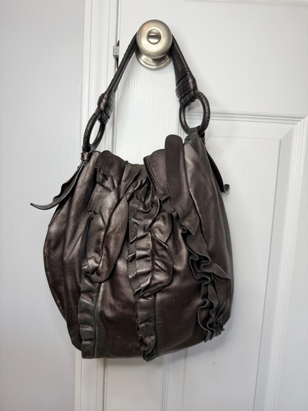 Prada Brown Nappa Mordore Ruffle Hobo Bag Purse. - Picture 2 of 9